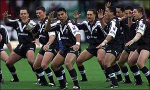 The New Zealand team during the haka prior to the match between New Zealand and Lebanon.