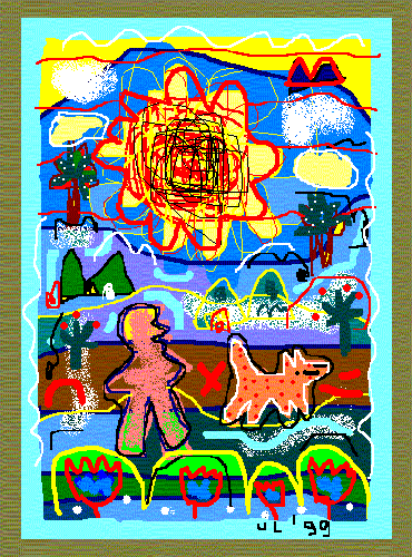 Wanderer with dog under the sun