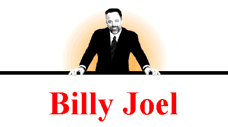 image of Billy Joel with the words 'Billy Joel' under him in red print