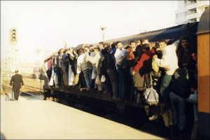 Locomotive crowded with standees departing Sidi Gaber Station, Alexandria. December 1999.