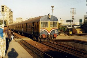 Cab unit leading train from Abu Qir into Sidi Gaber station, Alexandria. December 1999.