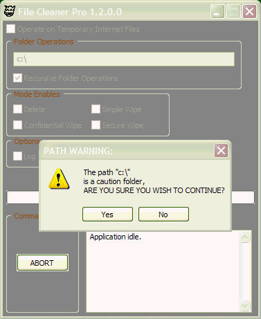 FileCleanerPro GUI sample, running, with warning window.