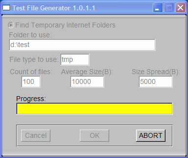 Test File Generator in find temporary internet folder mode awaiting user entry after completion.