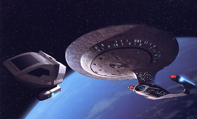 Enterprise-D in orbit with departing shuttlecraft