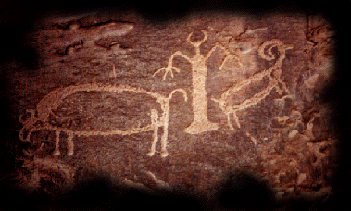 horned figure reaching out to animals