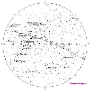 Star chart of the fixed stars looking towards the vernal equinox point.
