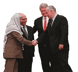 Netanyhau and Arafat shake hands
