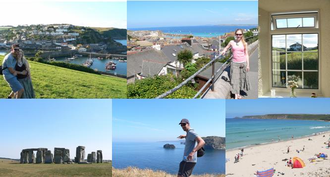 [Left tp Right, Top to Bottom] The village of Mevagissy; NewQuay; The view from our Mevagissy B & B; couple of rocks; View near what's rumoured to be King Aurther's castle; beach near Lands End.