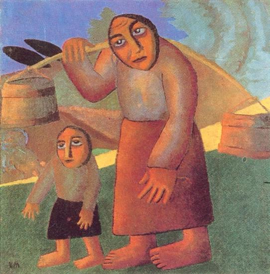 Woman with buckets and a child