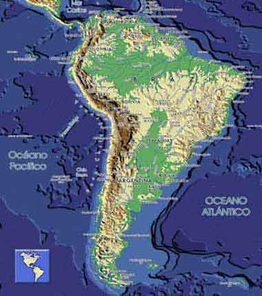 Mapa fsico de Sur Amrica con todos los pases, Physical map of South America with all the countries