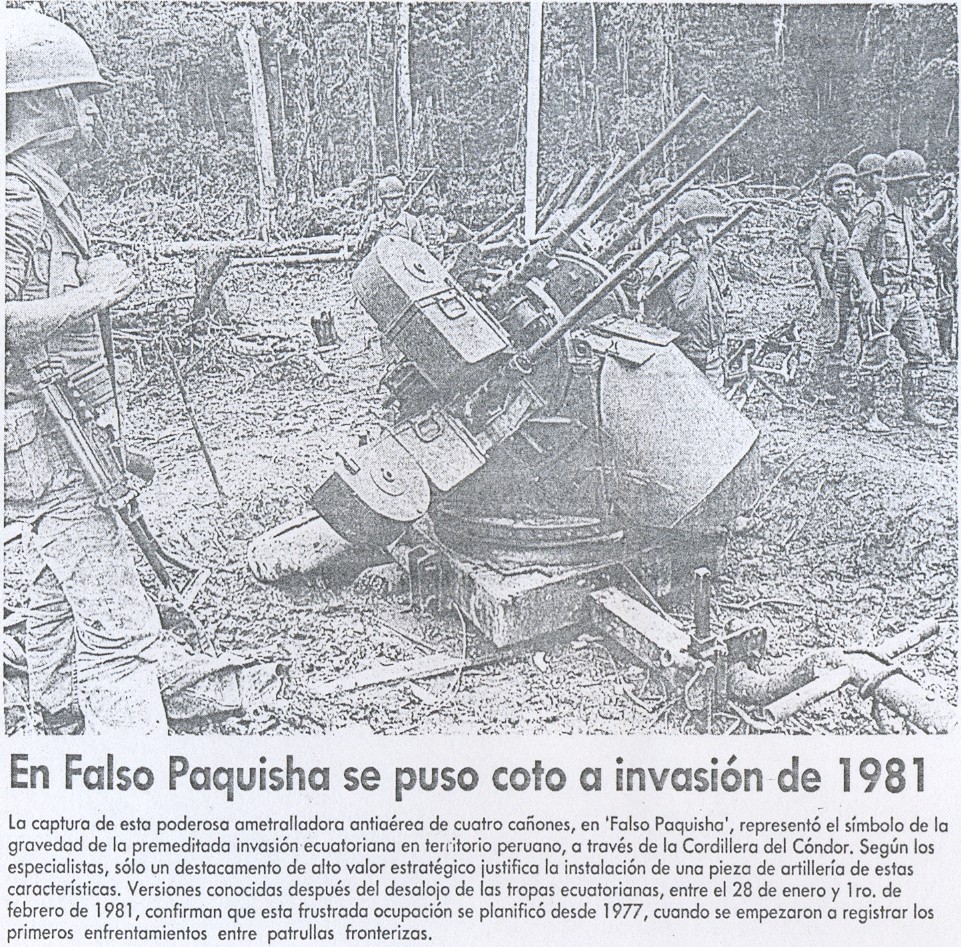Ametralladora antiaérea múltiple ecuatoriana de cuatro bocas y de calibre 50 mm. capturada en falso Paquisha en 1981