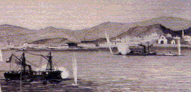 El Huscar, con bandera chilena, enfrenta al viejo Monitor fluvial peruano Manco Cpac, en el puerto peruano de Arica, el 27 de Febrero de 1880, el Manco Cpac venci al buque manejado, sin pericia marinera, por los chilenos