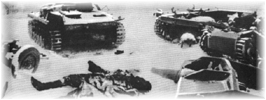 Tanques y caones destruidos, cadveres alemanes en el camino de mosku.