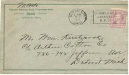 1917 Grant Motor Car Corp. envelope 
Cleveland Street Car Post Mark.