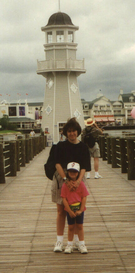Meg & Mom on the pier waiting for the ferry to MGM Studios