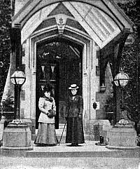 Miss Ellen Thorneycroft Fowler with her sister, Miss Henrietta Fowler, in the porch of their home