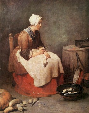painting woman kitchen century 18th paintings involved dressed shows chardin peeling oil maid colonial illustrations working clothing onions depict above