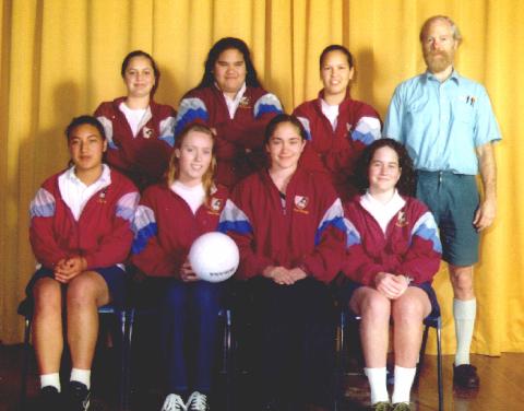 A colour photograph of the winning 1997 Kaitaia College voleyball team