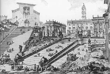 Michelangelo's staircase, in a 18th century engraving by Piranesi; on the left is the church of S.Maria d'Aracoeli