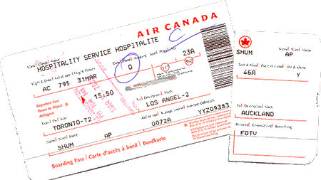 boarding passes from Toronto to Los Angeles, Los Angeles to Auckland
