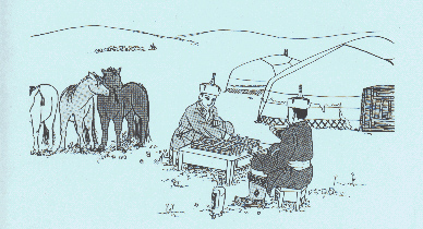 Drawing of Mongols playing Chess