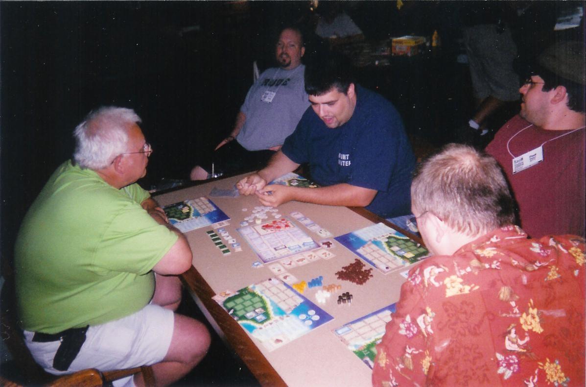 Chuck, James, & Paul playing Puerto Rico at FlatCon 2004