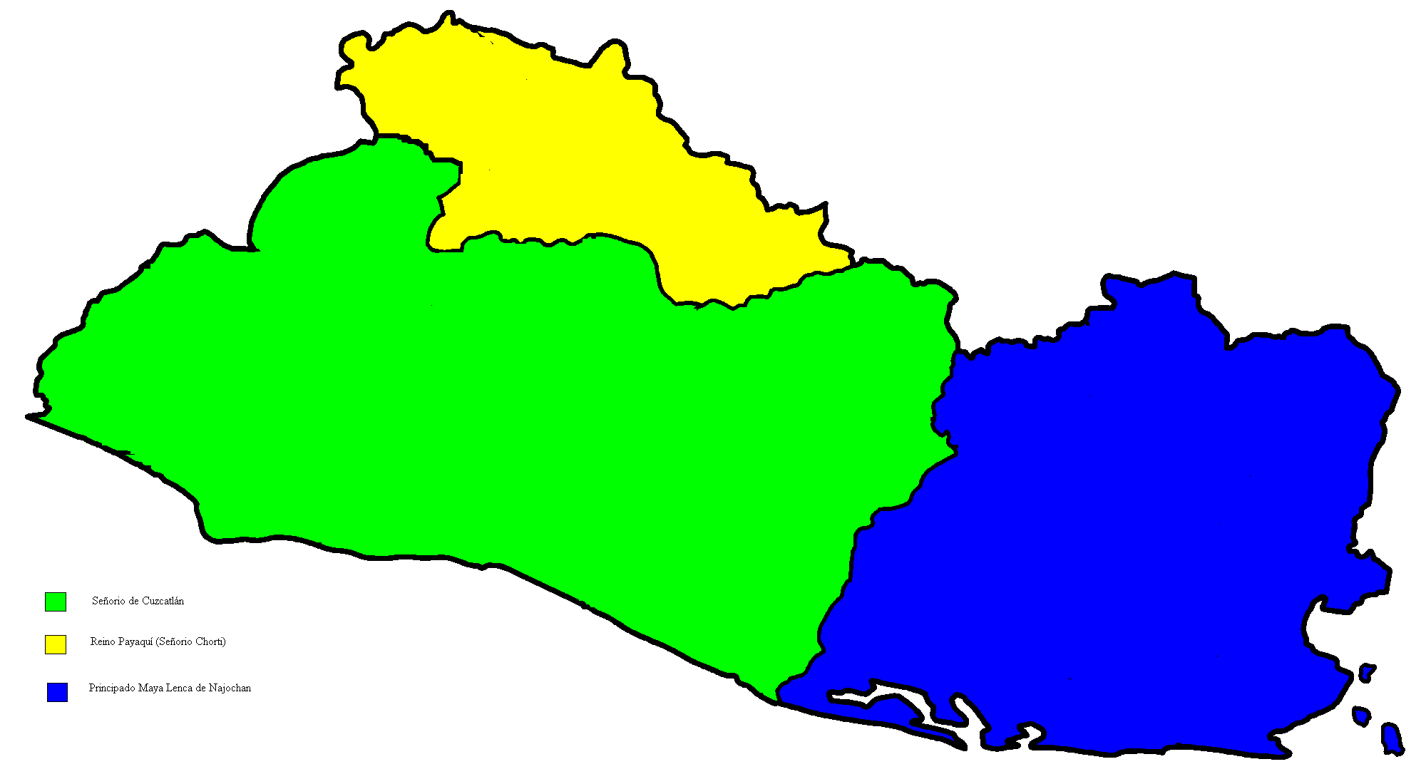 En este mapa se muestran los paises del periodo posclasico tardio que sus territorios o partes de ellos pertenecen al actual El Salvador, segun los colores de este mapa son: la de color verde es el Señorio de Cuzcatlan, la de color amarillo es el Reino Payaquí (Señorio Chorti) y la area de color azul es el Reino Lenca (llamado tredicionalmente Chaparrastique)