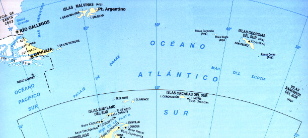 Mapa de las islas argentinas del Atlántico Sur
