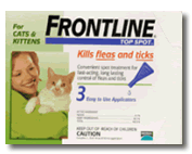 Frontline Flea Control for Cats. Green for cats and kittens. 3 months - $25.95, 6 months - $44.95, 12 months - $87.95.