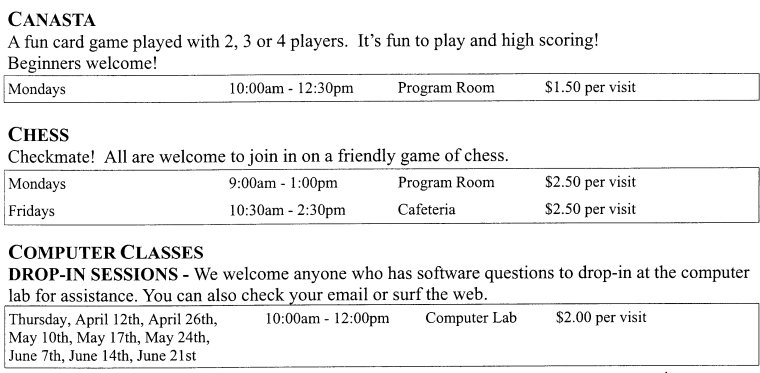 Activity Guide Page 4 Canasta, Chess, Computer Classes Drop-In Sessions
