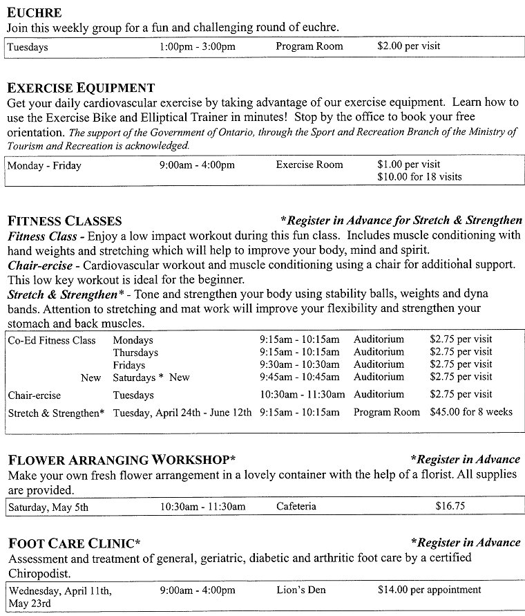 Activity Guide Page 9 Euchre, Exercise Equipment, Fitness Classes, Flower Arranging Workshop, Foot Care Clinic
