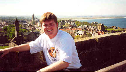 A picture of me on the cathedral's tower overlooking the town of St. Andrews