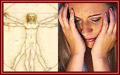 Image of a woman showing signs of mental stress and medical image of a man