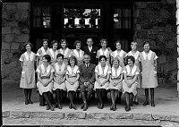 GROUP PHOTO OF THE WAITRESSES AT NORTH RIM  LODGE W/ SUPT TILLOTSON IN CENTER; OUTSIDE MAIN ENTRANCE. 20 JULY 1930<br>