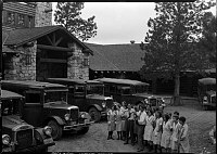 EMPLOYEES SINGING AWAY THE TOUR BUSSES FROM DRIVE WAY IN FRONT OF GRAND CANYON LODGE ON THE NORTH RIM. 20 JULY 1930 (SEE 503)<br>