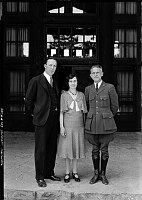 MGR.& MRS.W.P.ROGERS OF THE UTAH PARKS CO. &  PARK SUPT. TILLOTSON POSED IN FRONT OF THE NORTH RIM  LODGE. 20 JULY 1930 NPS PHOTO<br>