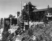 THE ORIGINAL GRAND CANYON LODGE - NORTH RIM (BEFORE DESTROYED BY FIRE 1932) VIEW FROM EAST. CIRCA 1929. NPS.
