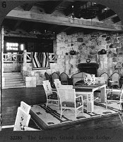 GRAND CANYON LODGE NORTH RIM. THE LOUNGE, VIEW INWARD TOWARDS FIREPLACE. FROM KEYSTONE STEREOGRAPH. CIRCA 1929 NPS. 