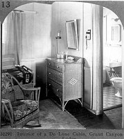 GRAND CANYON LODGE,  NORTH RIM. INTERIOR OF A DELUXE CABIN. DETAIL OF BEDROOM. SHOWS BATHROOM LOCATION.<br>Circa 1929