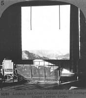 NORTH RIM GRAND CANYON LODGE: VIEW FROM STEREOGRAPH: VIEW FROM LOUNGE INTO CANYON. CIRCA 1929 KEYSTONE STEREOGRAPH. 