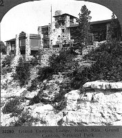 NORTH RIM GRAND CANYON LODGE: VIEW FROM STEREOGRAPH: CANYON FRONT OF LODGE. CIRCA 1929 KEYSTONE STEREOGRAPH. 