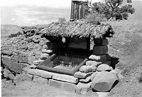 FRONT VIEW: HERMIT SHALE FOSSIL FERN EXHIBIT WITH ORIGINAL THATCH ROOF AT CEDAR RIDGE ON THE S KAIBAB TRAIL. 13 SEP 1937. NPS. 
