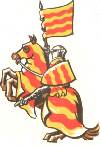Drummond on horseback with his arms on shield, surcoat, banner and horsecloth