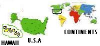 Map showing Continents, United States, & Hawaii