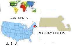 Map of continents, USA, & Massachusetts