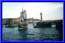 HM Bark Endeavour enters Whitby Harbour