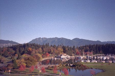 Autumnal scene of Stanley Park and mountains