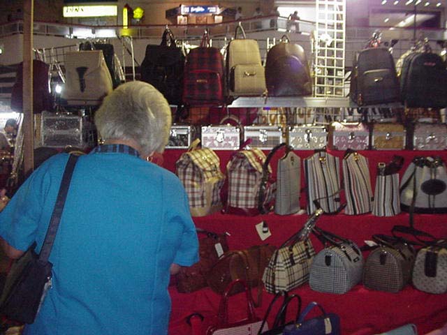 A lady is checking out the bags sold in Harrison Plaza.