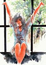 Lynn Minmay sitting on a window sill