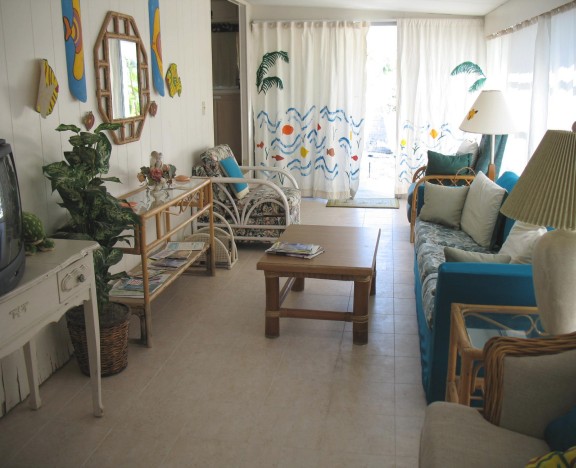 Cheerful and tropical livingroom with two sofabeds so we can accomodate six persons.